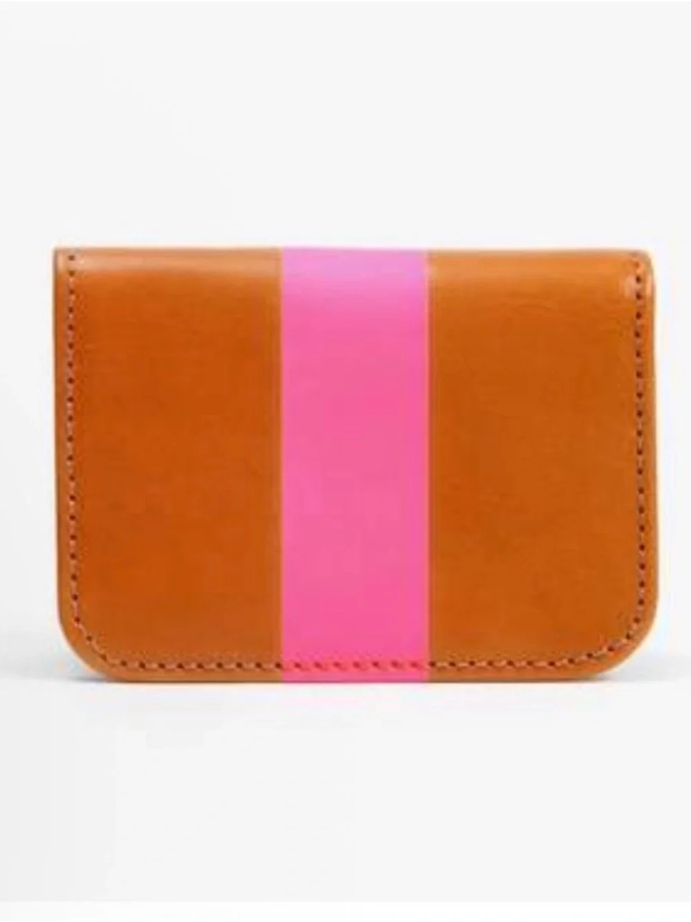 Clare V Brown Leather Card Wallet Case with Bright Pink Strip